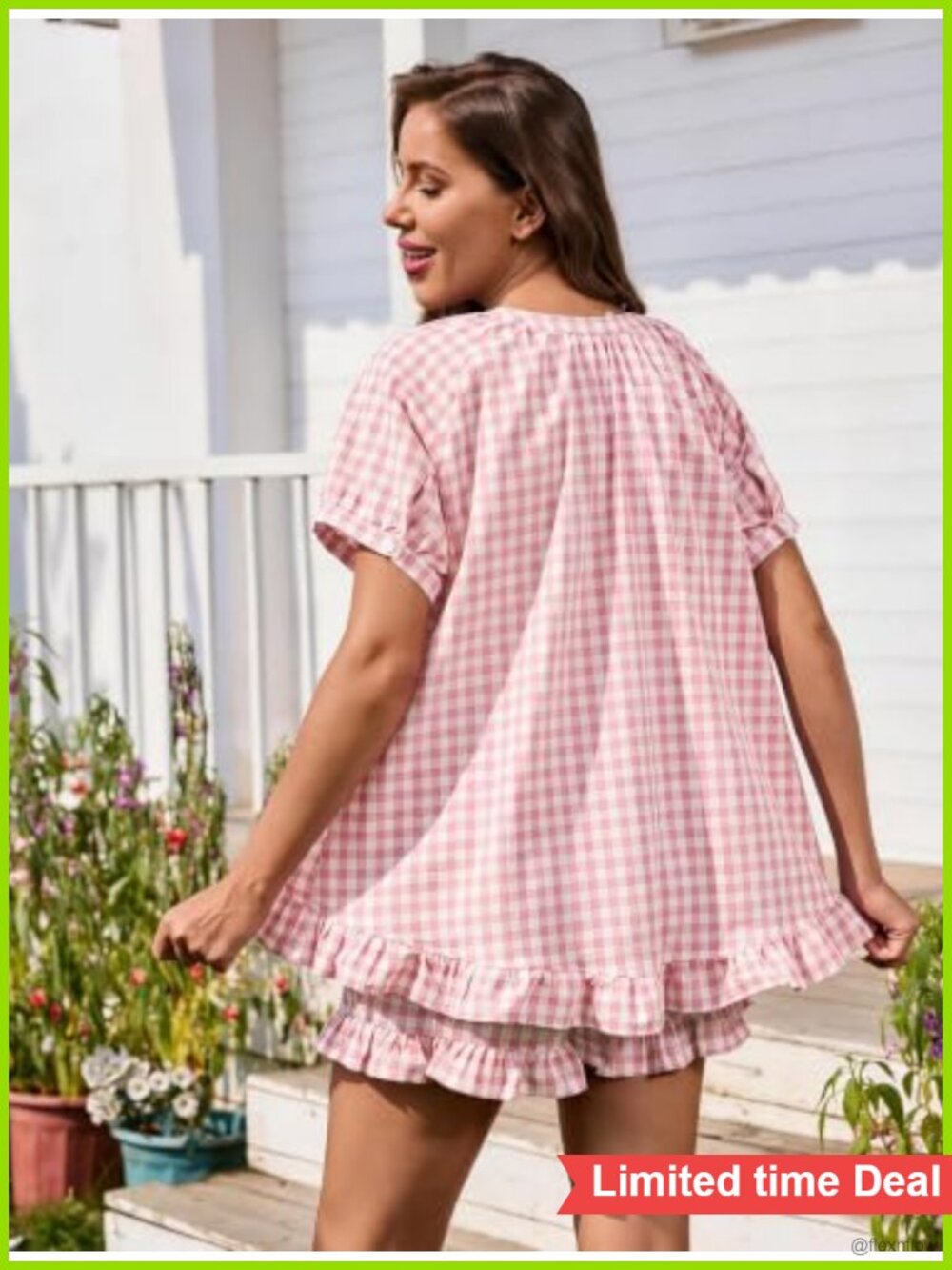Womens 100% Cotton Gingham Pajama Set Ruffle Loungewear Short Sleeve - Picture 2 of 6